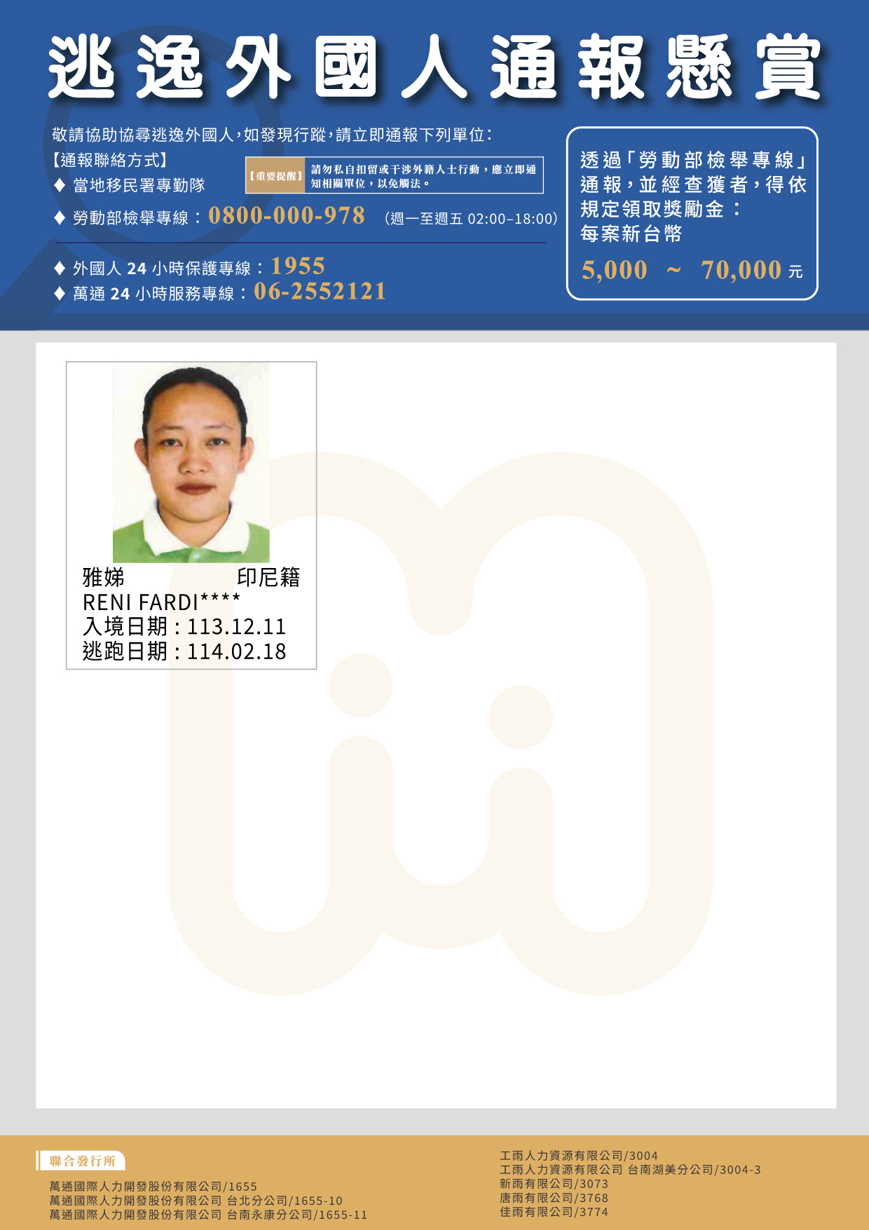 萬通人力 2025年2月逃逸外國人公報