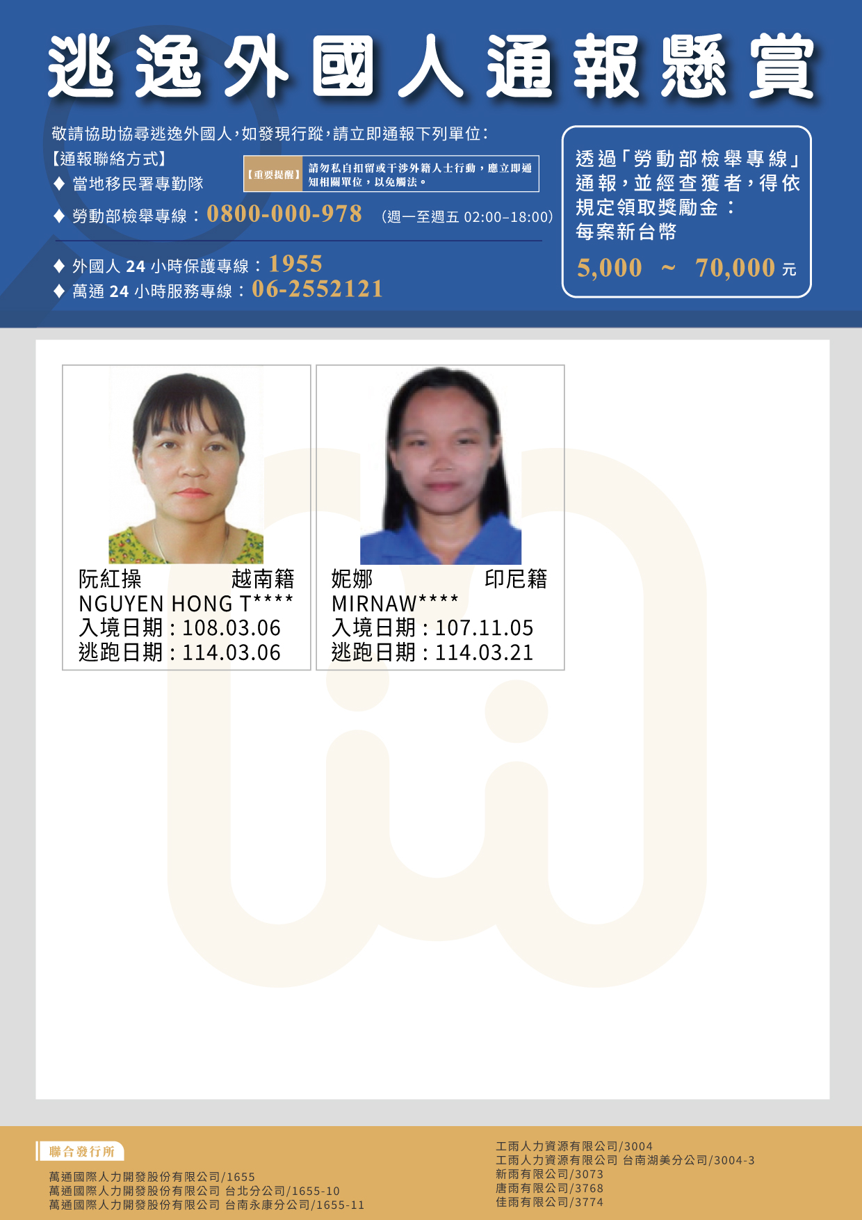 2025年03月 外國人逃逸公報